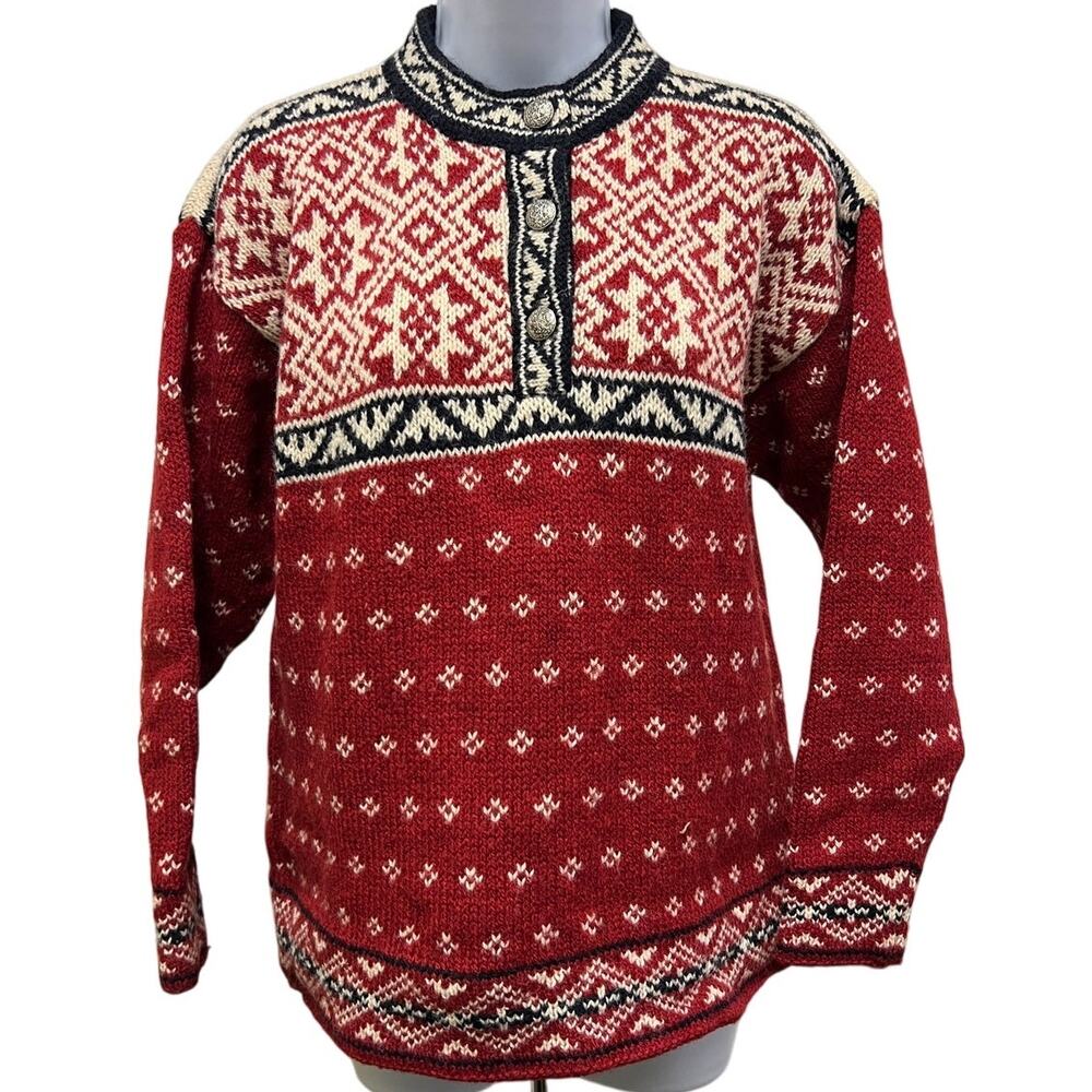 L.L. Bean Norwegian Sweater S Red Wool Blend Fair Isle Vintage USA Made Freeport